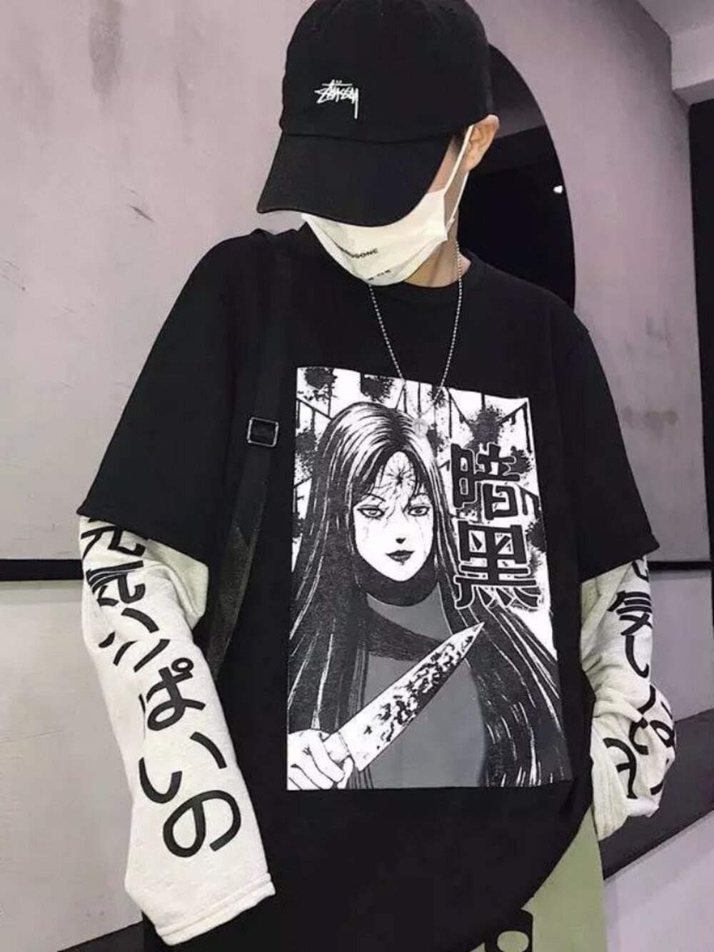 Japanese Horror Manga Girl Yandere 2-in-1 Layered Long Sleeve Graphic Tee S